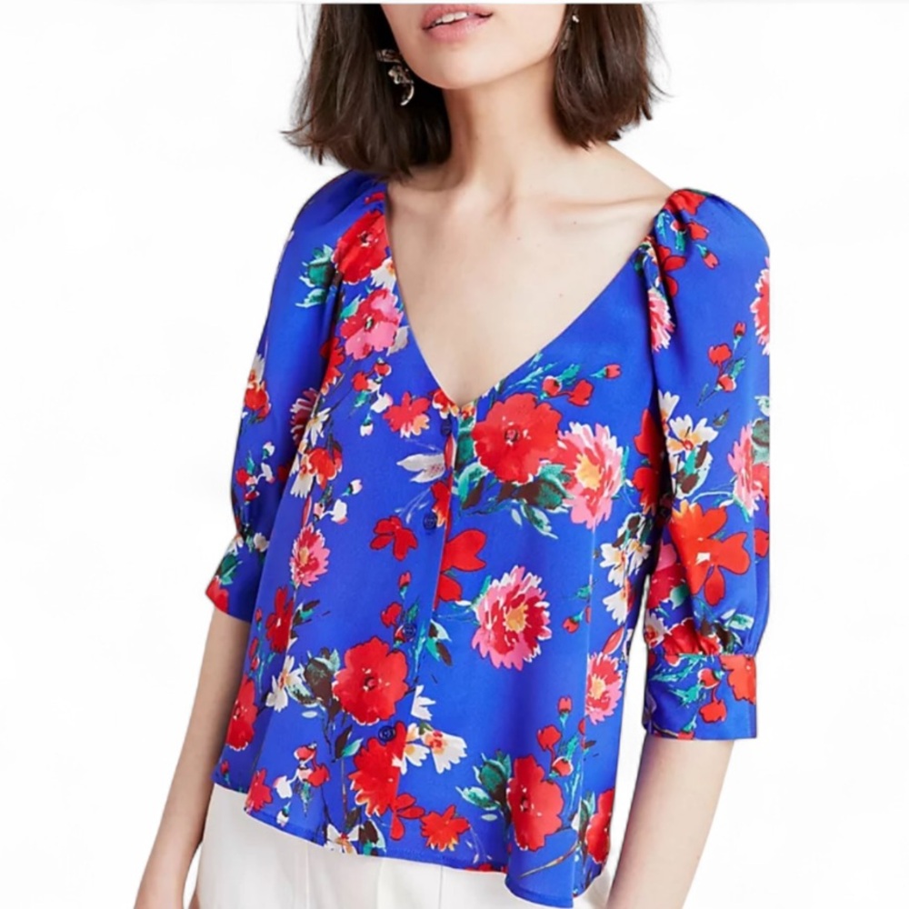 NWT Yumi Kim 100% Silk Sunnyside Marine Kiki Blue Floral Puff Sleeve Blouse XL